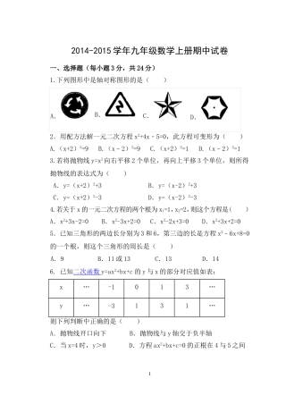 2014-2015年九年级数学上册期中试卷1