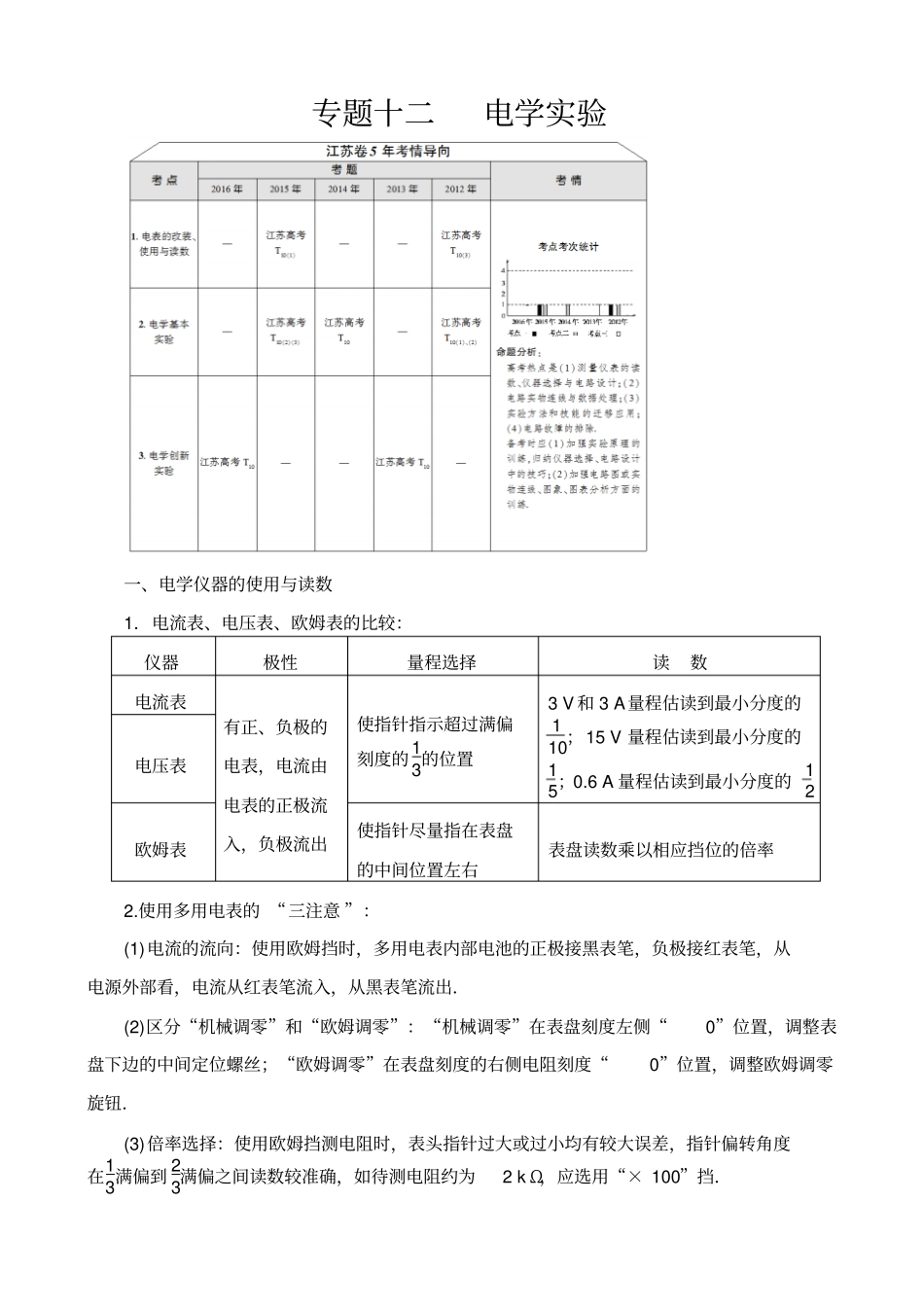 最新【江苏专版】高考物理二轮复习讲练：专题12_电学试验_含解析_第1页