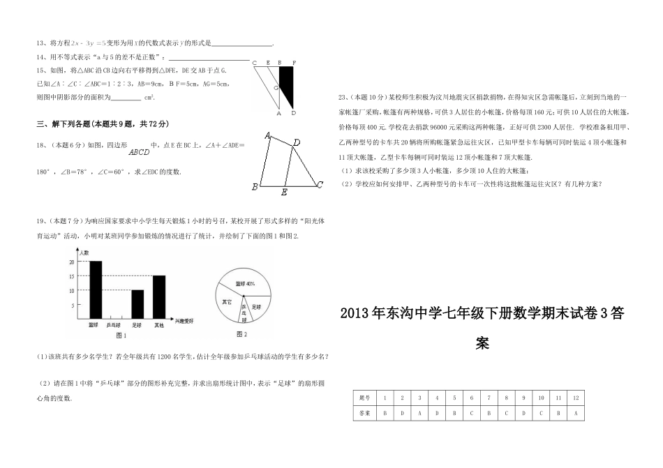 2013年东沟中学七年级下册数学期末试卷3_第2页