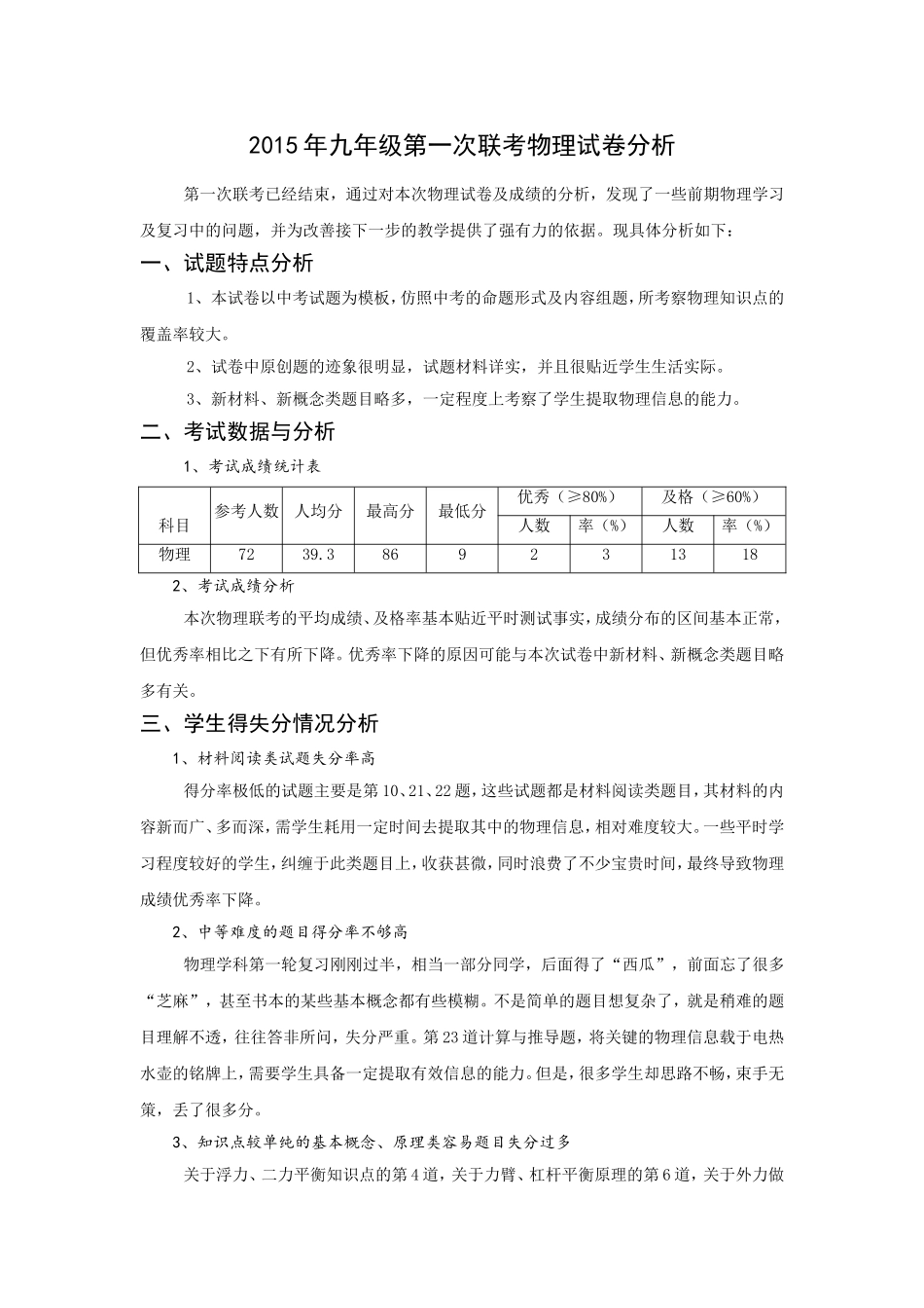 2015九年级物理第一次联考试卷分析_第1页
