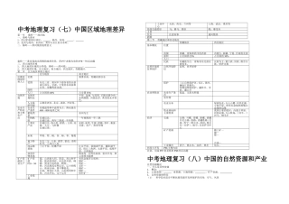 中考地里复习（七）中国区域地理差异中考地里复习，（八）中国的产业中考地里复习，（九）中国主要省级行政区，（十）乡土地理和重大地理事件