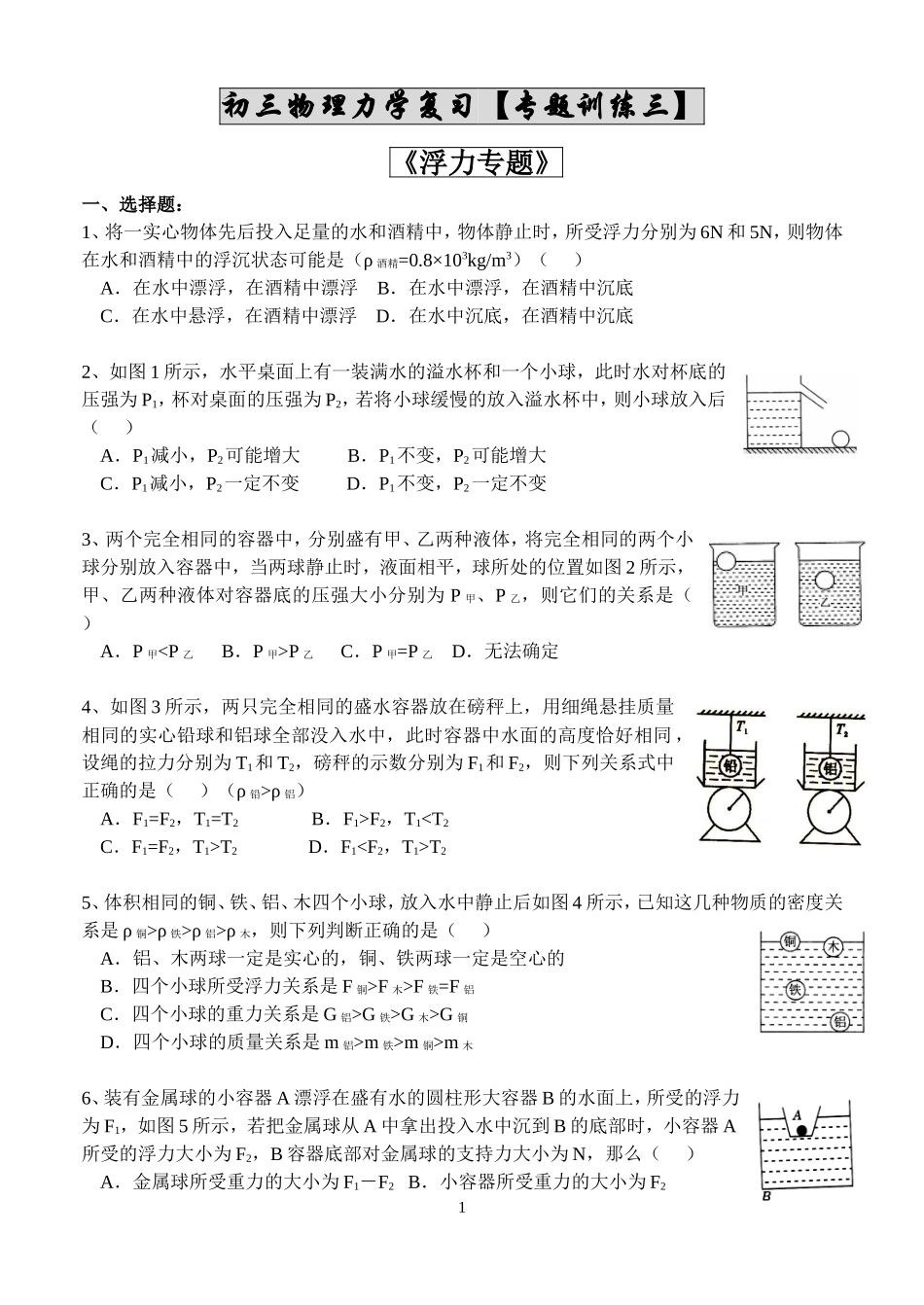 初三物理专题三(浮力)、专题四(机械效率)练习_第1页