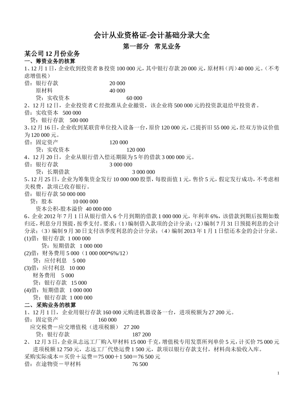 会计从业资格证考试《基础会计》必须会做的会计分录大全_第1页