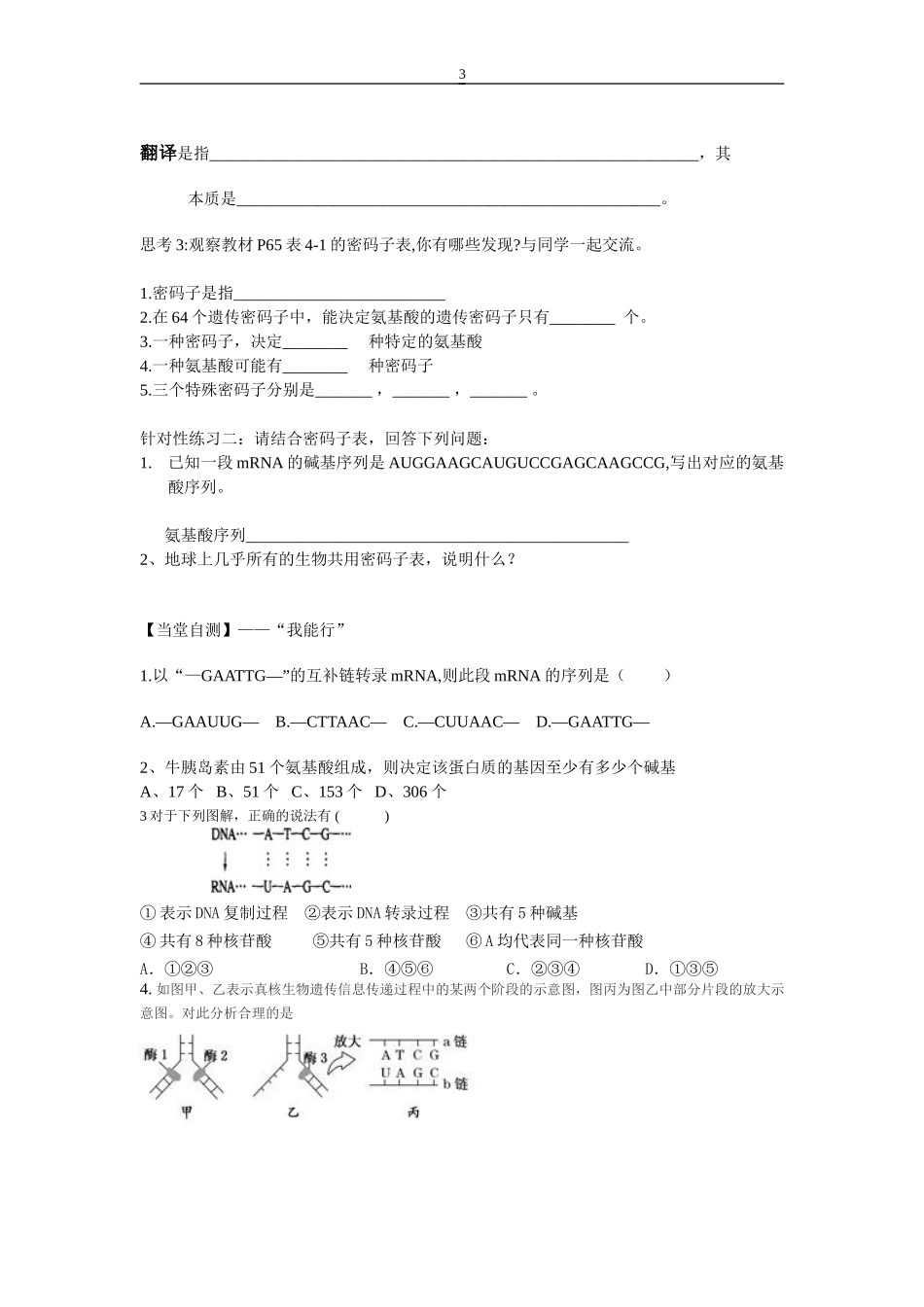 基因指导蛋白质的合成导学案_第3页