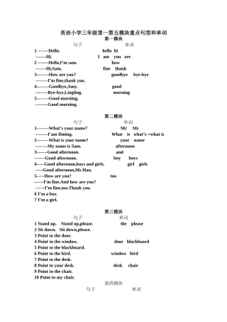 外研版小学三年级英语上册前五个单元重点句型