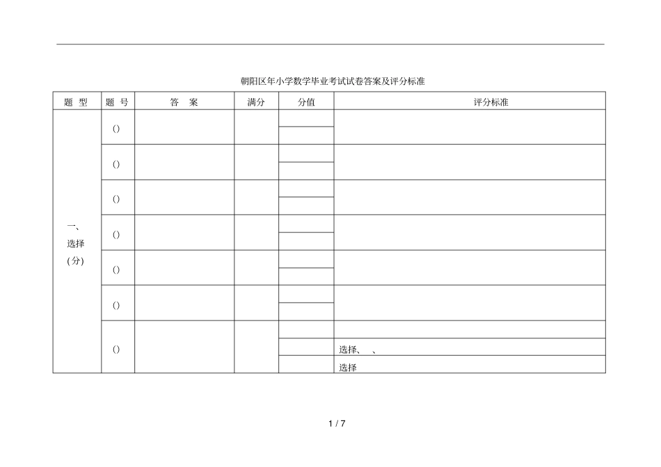 朝阳区年小学数学毕业考试试卷答案及评分标准_第1页