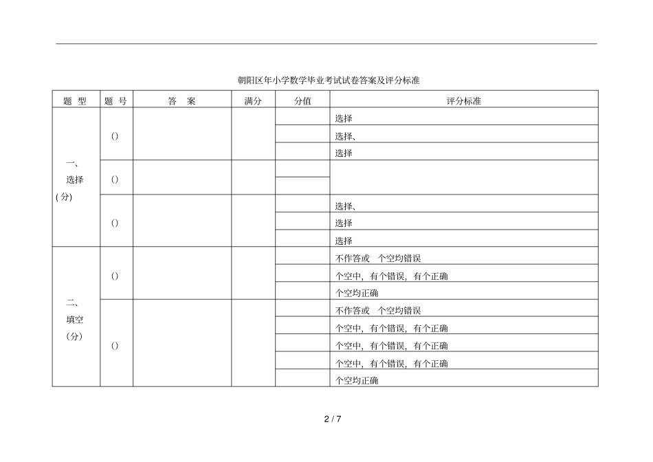 朝阳区年小学数学毕业考试试卷答案及评分标准_第2页