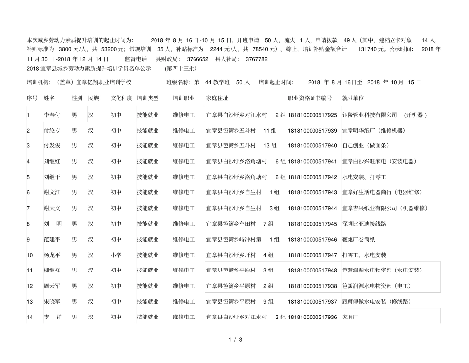 本次城乡劳动力素质提升培训的起止时间为2018年8月16日_第1页