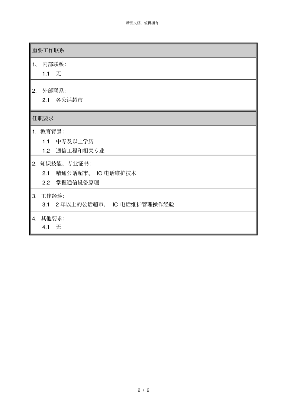 朴智—河南铁通—08职位说明书交换维护中心公话维修中心公话维修工程师_第2页
