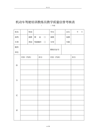 机动车驾驶培训教练员教学质量信誉考核表