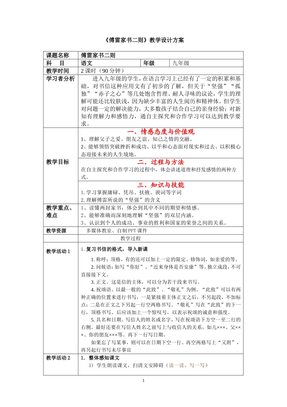 国培计划《傅雷家书二则》教学设计方案_第1页