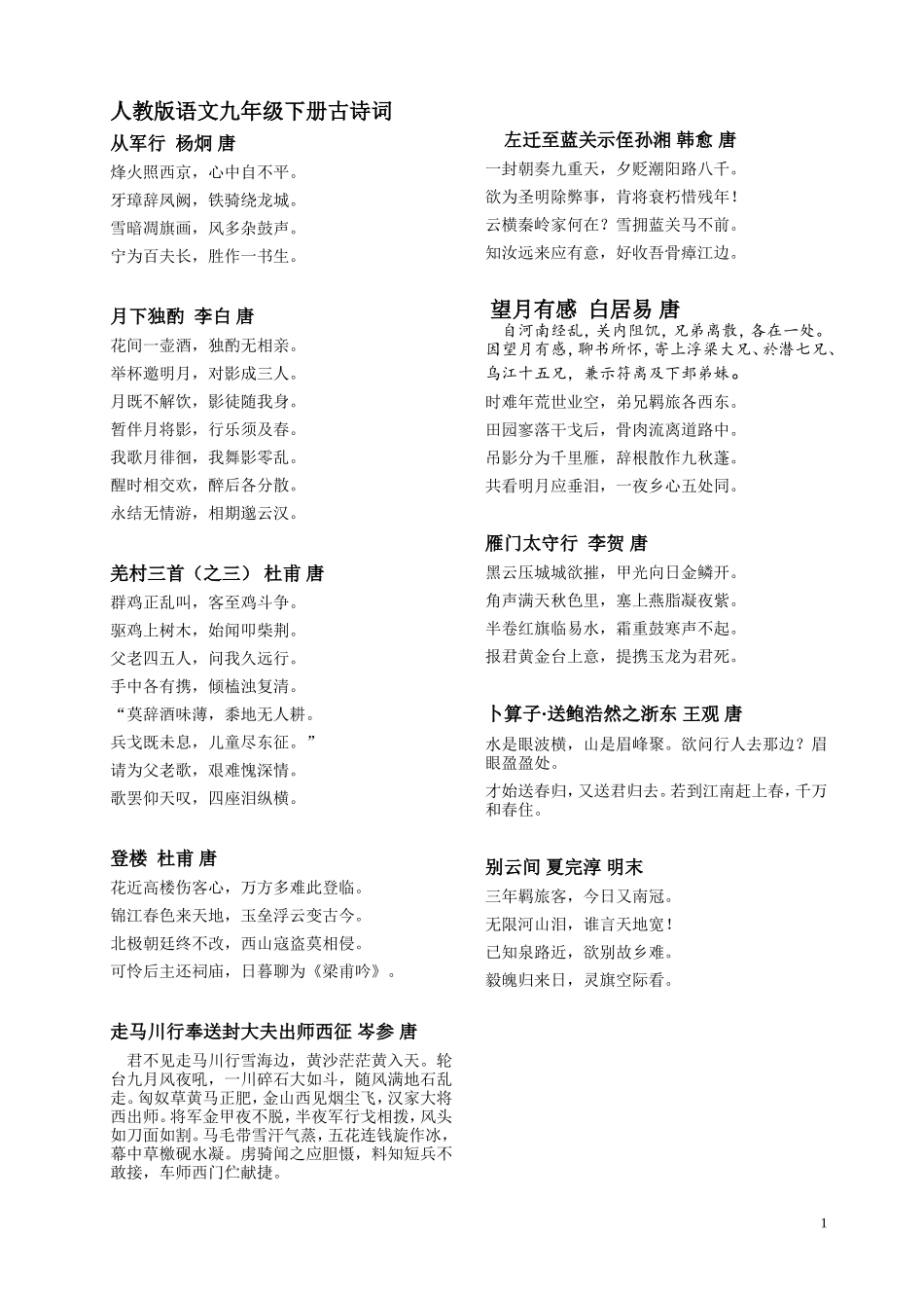 人教版语文九年级下册古诗词(必备)_第1页