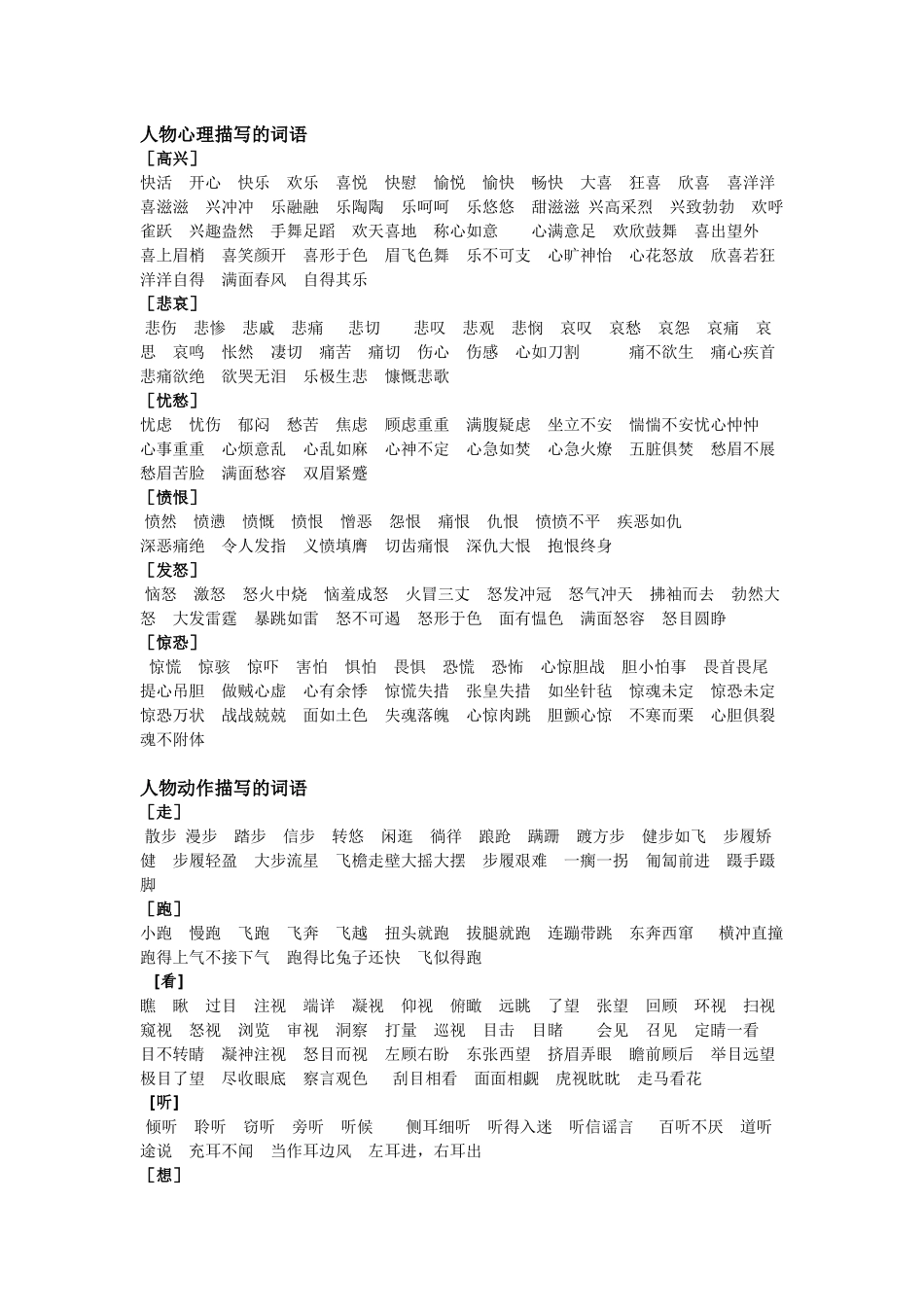 人物心理描写、动作描写词语荟萃_第1页