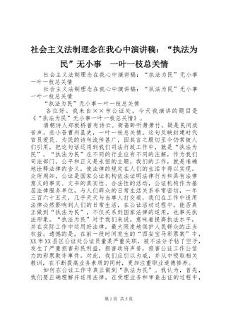 社会主义法制理念在我心中演讲：“执法为民”无小事　一叶一枝总关情