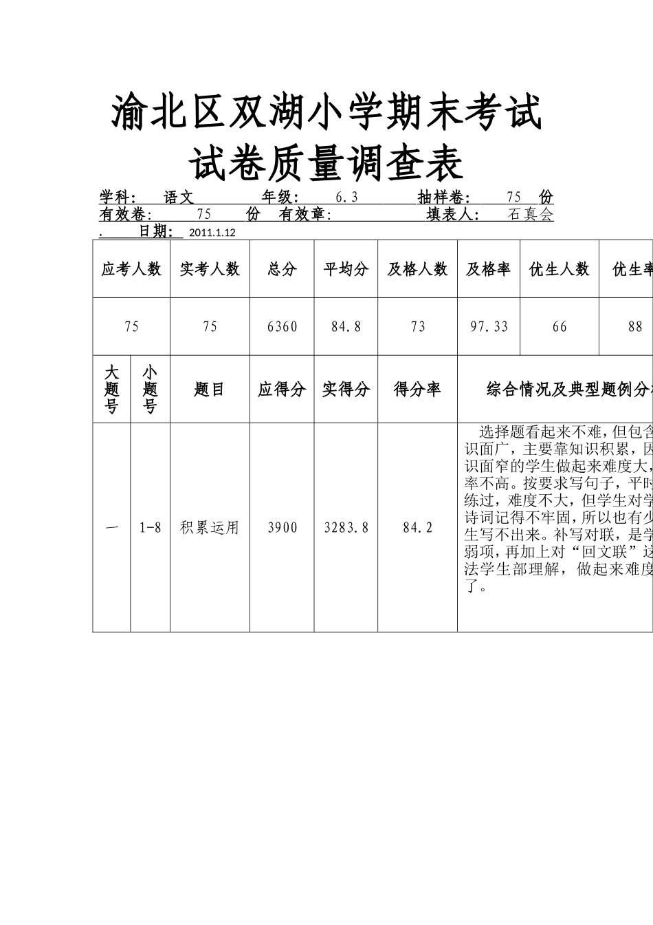 渝北区双湖小学期末考试试卷质量调查表_第1页