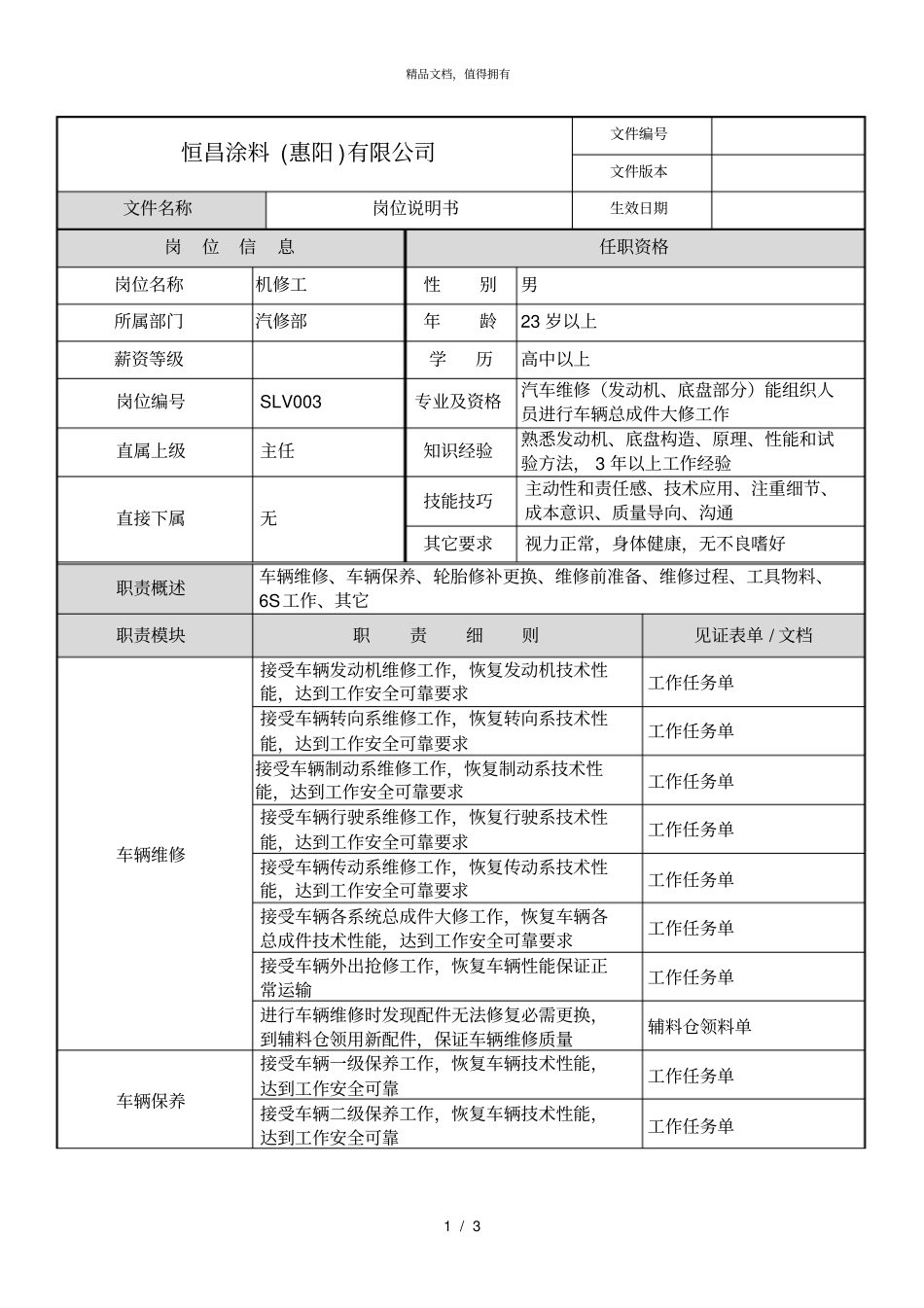 柏明顿恒昌涂料岗位说明书机修工_第1页