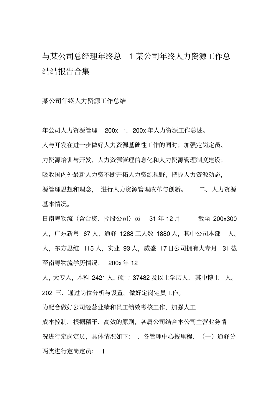 某公司年终人力资源工作总结1与某公司总经理年终总结报告合集_第1页