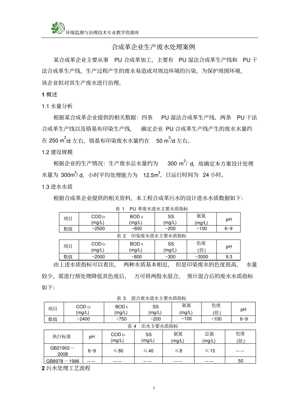某合成革生产企业生产废水处理工程设计方案汇总_第1页
