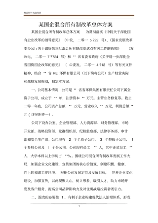 某国企混合所有制改革总体方案