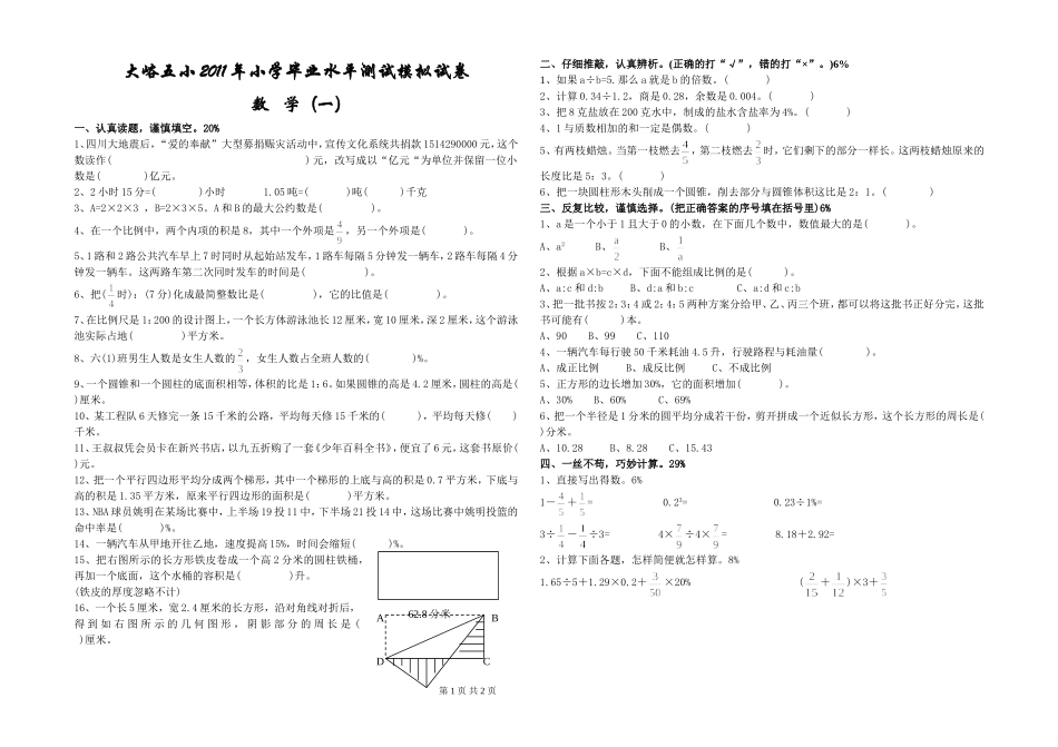 大峪五小2011年小学毕业水平测试模拟试题（一）_第1页