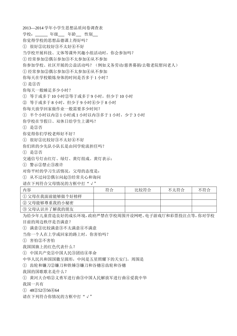 2013--204学年小学生思想品质问卷调查表_第1页