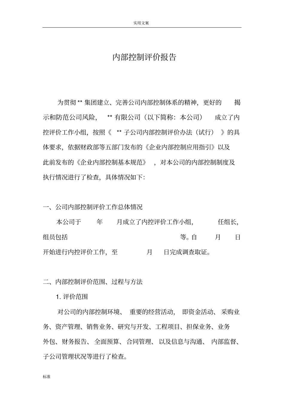 某有限公司的管理系统内部控制自我评价与衡量报告材料_第1页