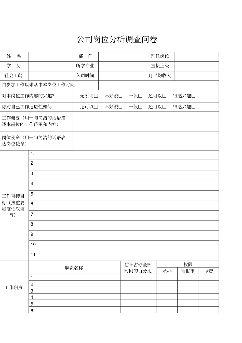 某某公司岗位分析调查问卷_第1页