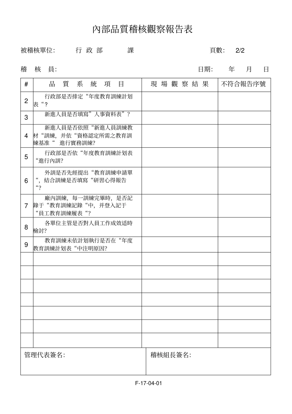 某某股份有限公司内部质量审核检查表范例_第2页