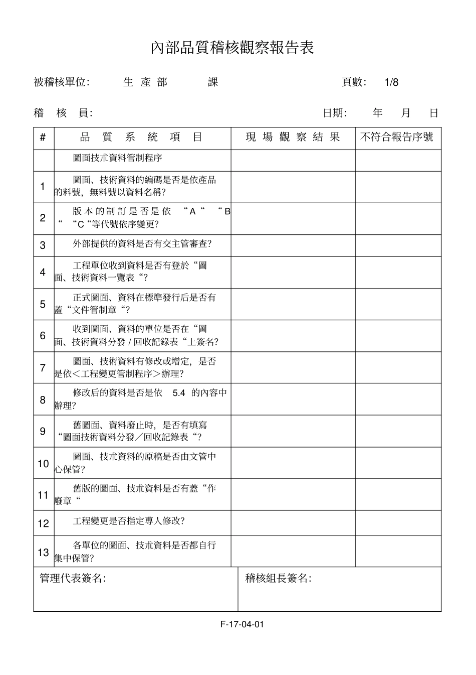 某某股份有限公司内部质量审核检查表范例_第3页