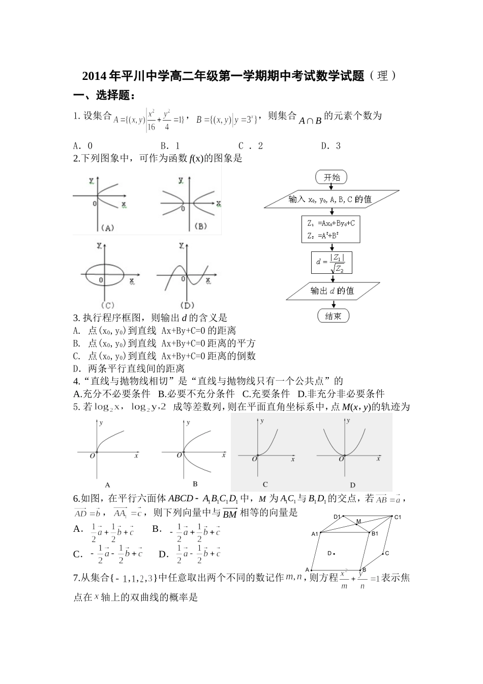 2014年平川中学高二年级第一学期期中考试数学试题（理）_第1页