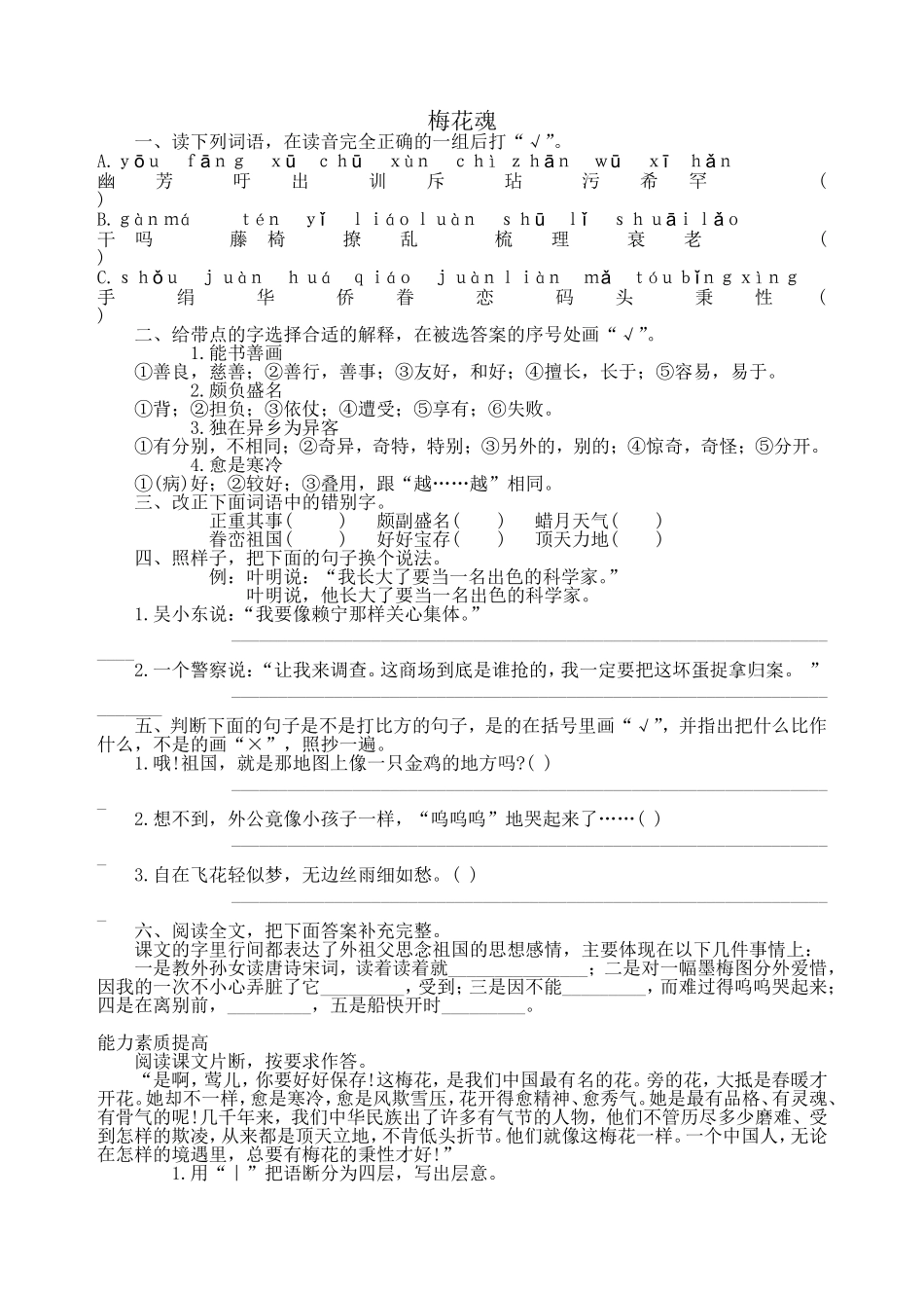 《梅花魂》练习题_第1页