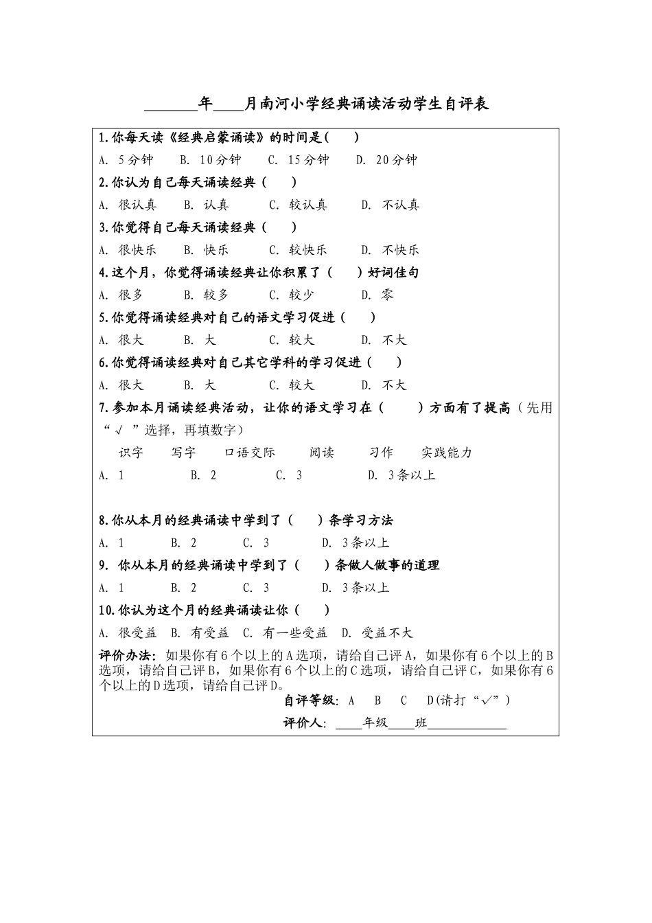 南河小学经典诵读活动学生自评表_第1页