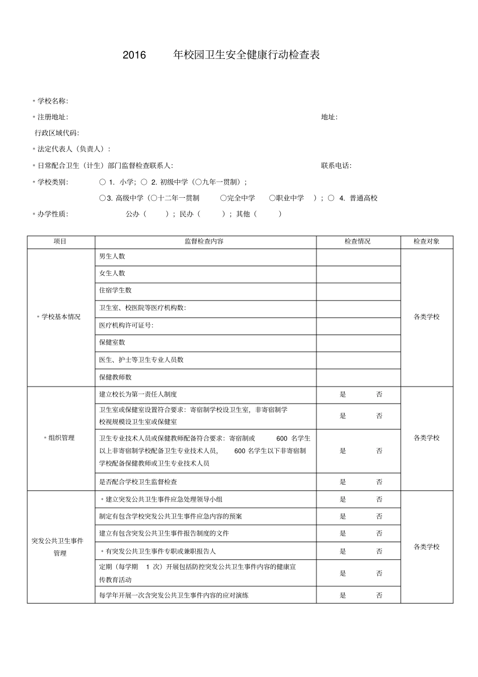 校园卫生安全健康行动检查表_第1页