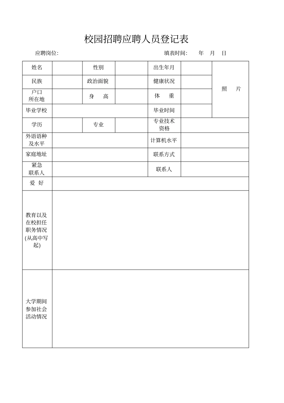 校园招聘应聘人员登记表最新文档_第2页