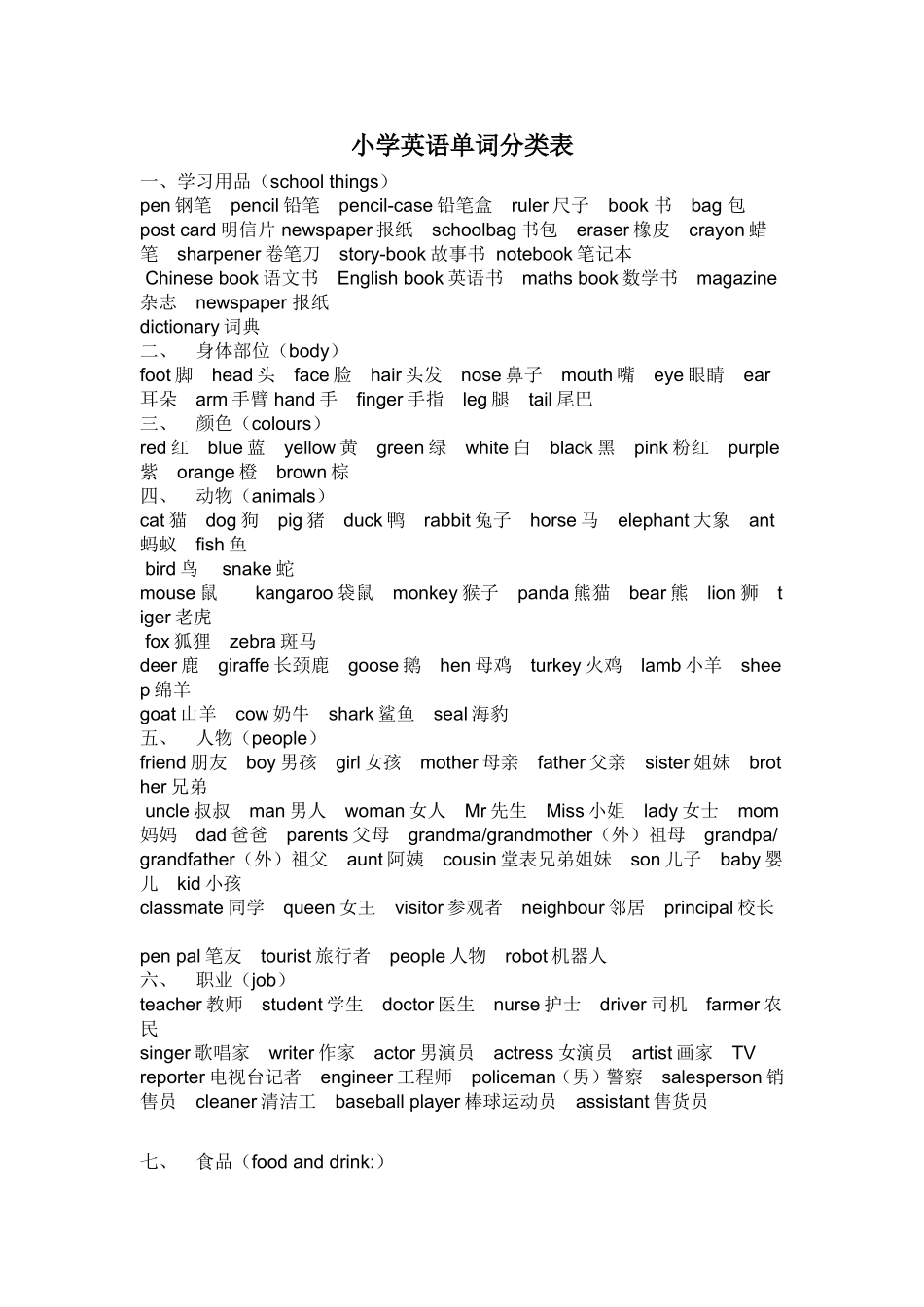 小学英语单词分类1_第1页