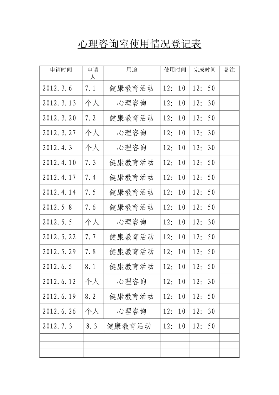 心理咨询室室使用情况登记表(2011-2012下)_第1页