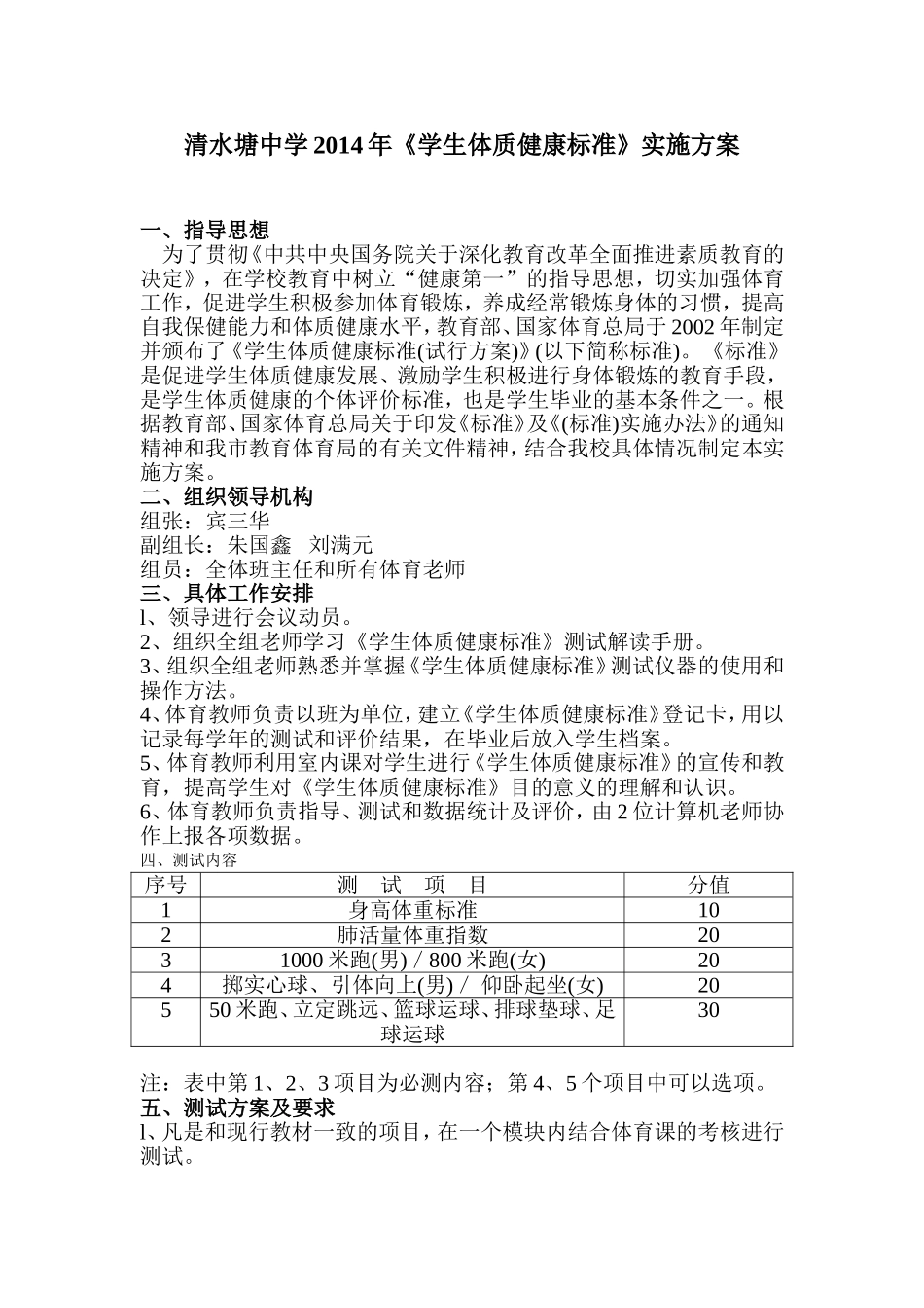 清水塘2013年《学生体质健康标准》实施方案_第1页