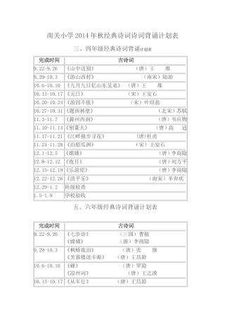 南关小学2014年秋古诗词背诵计划表