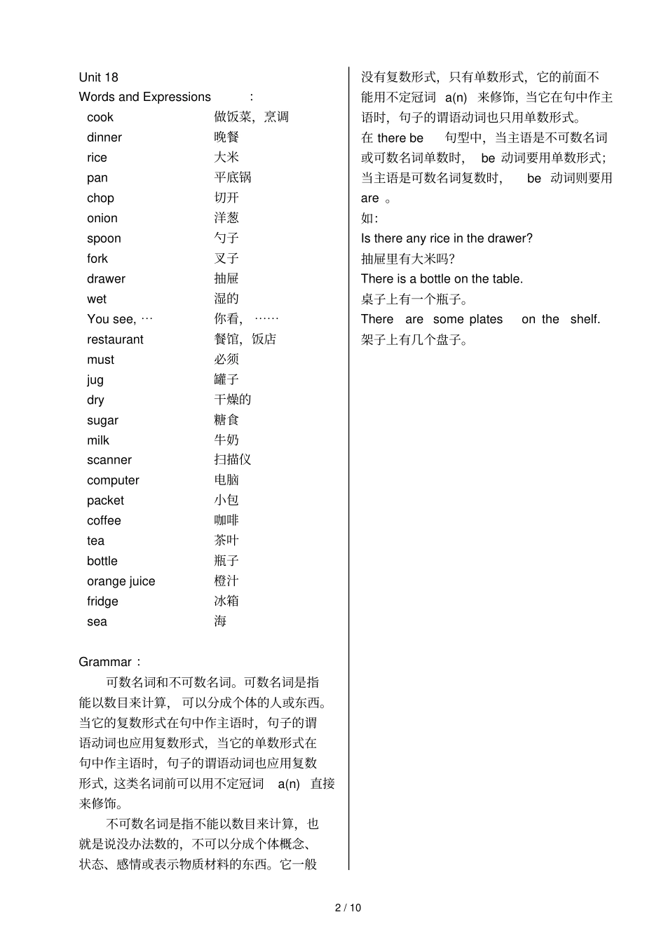 概念英语青少新版1B-词汇语法知识要点_第2页