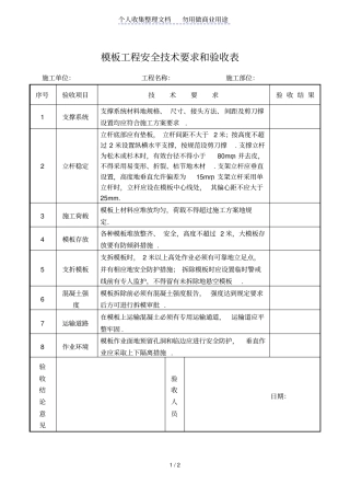 模板工程安全技术要求和验收表