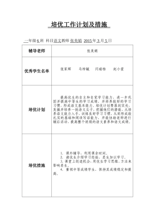一年级6班张美娟培优工作计划及措施