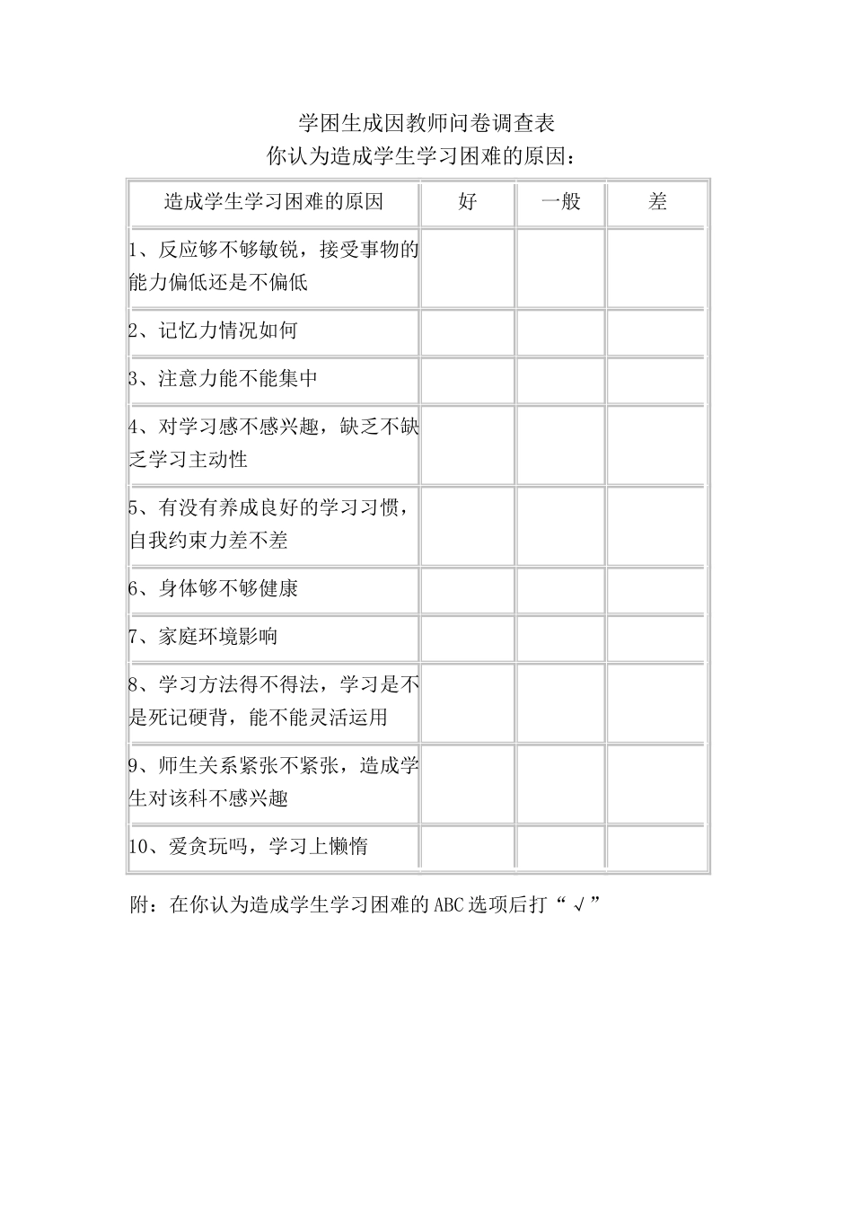 学困生成因问卷调查表_第1页