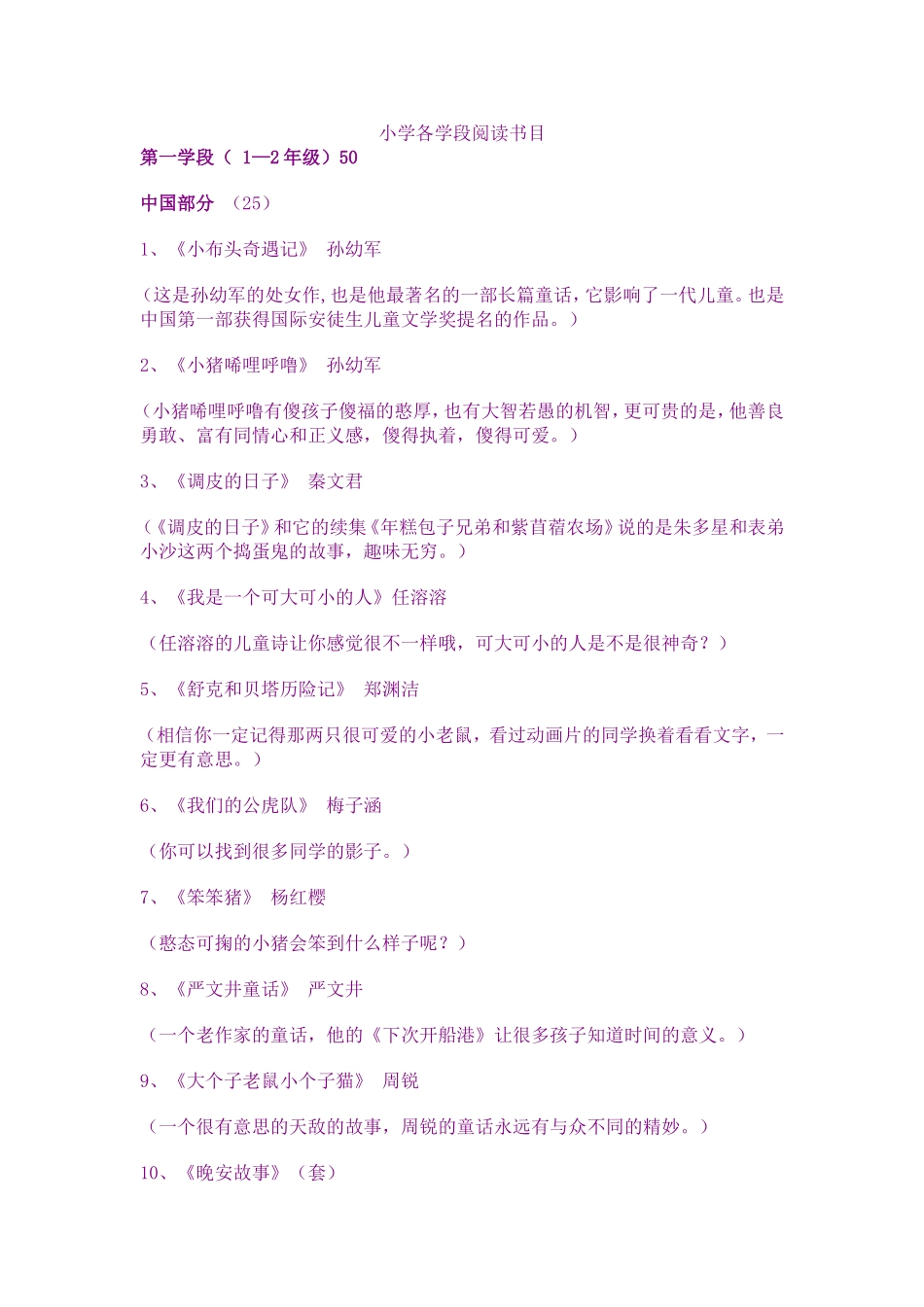 小学各学段阅读书目_第1页
