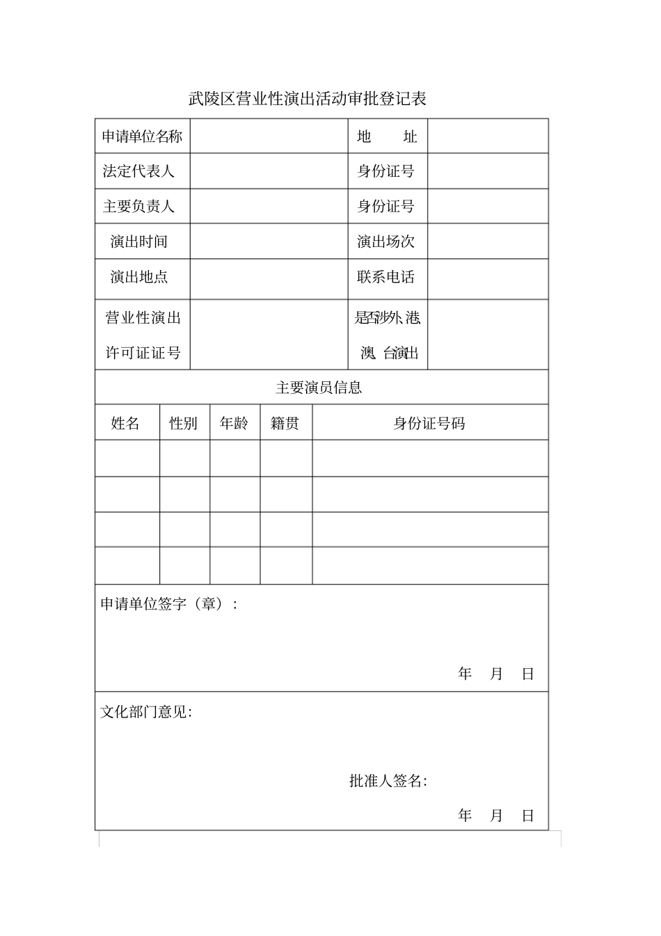 武陵区营业性演出活动审批登记表_第1页