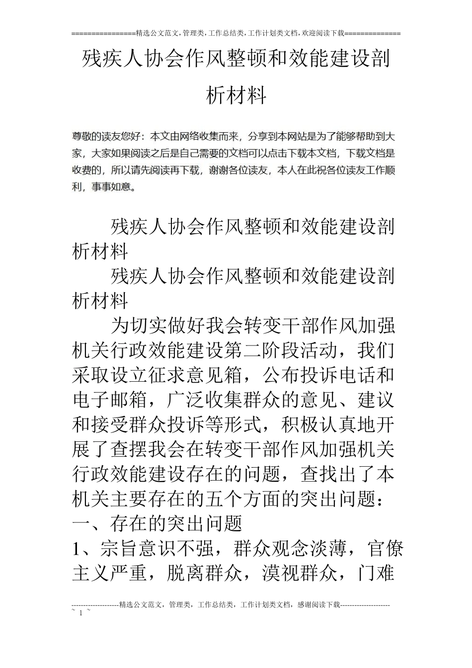 残疾人协会作风整顿和效能建设剖析材料_第1页