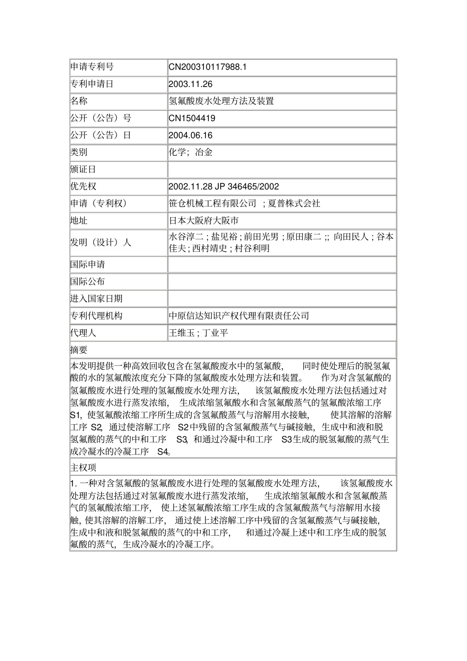 氟化氢废水处理方法_第1页