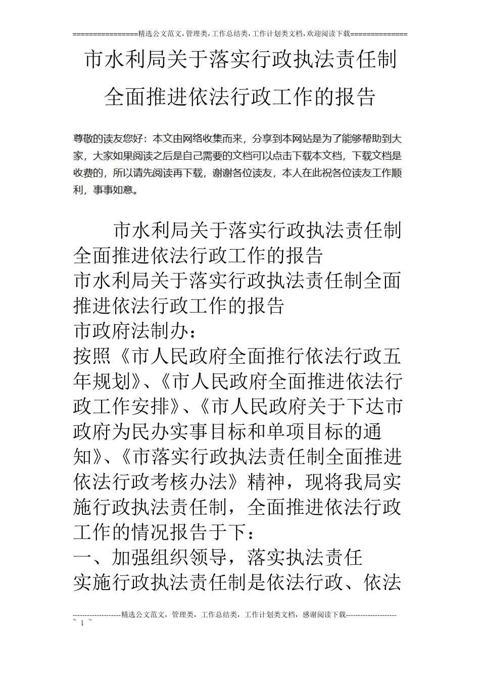 水利局关于落实行政执法责任制全面推进依法行政工作的报告_第1页