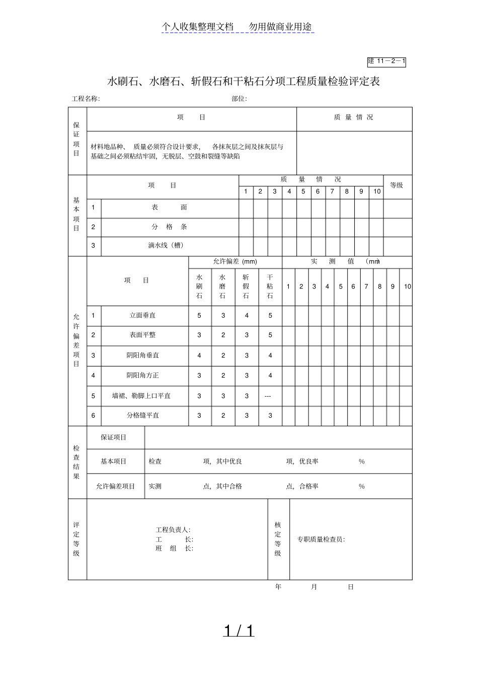 水刷石、水磨石、斩假石和干粘石分项工程项目质量检验评定表_第1页
