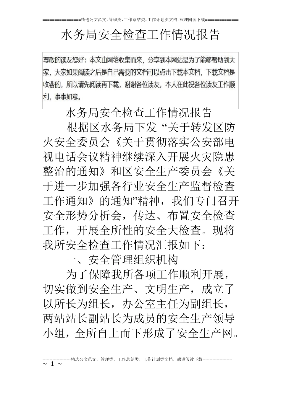 水务局安全检查工作情况报告_第1页