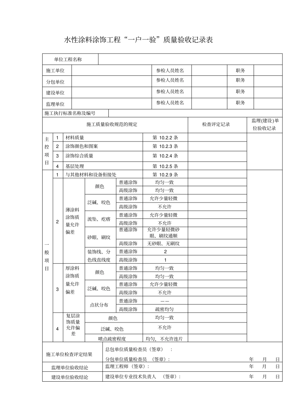 水性涂料涂饰工程一户一验质量验收记录表_第1页